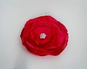 Crimson Satin and Rhinestone Flower Hair Clip or Brooch