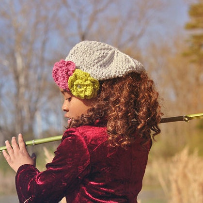 COLOR COMBO WINNER Lovely Beret in Pale Grey, Rose Pink and Retro Spring Green--Baby, Toddler, Child
