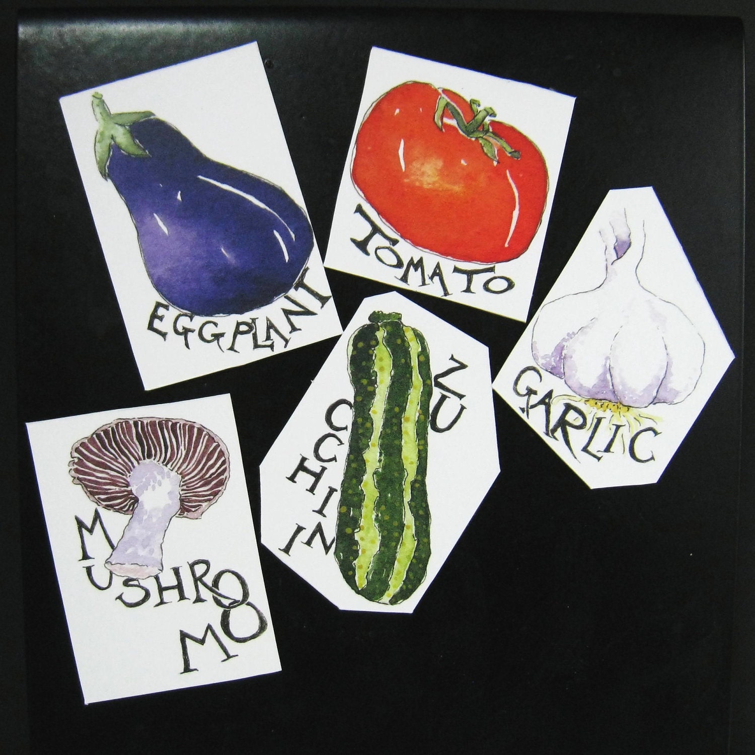 Ratatouille magnet set:  Eggplant, Tomato, Garlic, Zucchini, Mushroom