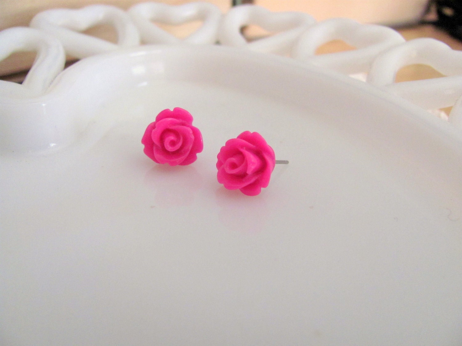 Tiny Hot Pink Rosebud Stud Earrings