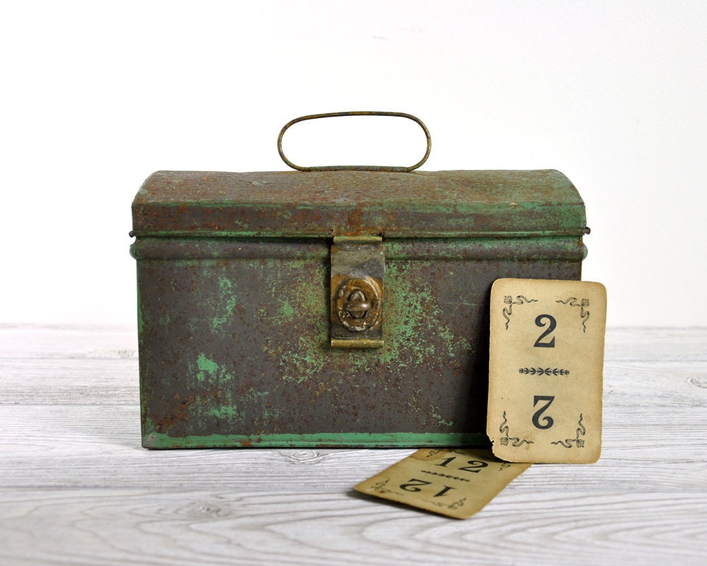 Vintage Rustic Storage Tin / Aqua Tin Box / Industrial Storage