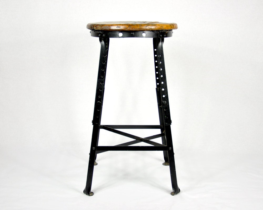 Vintage Industrial Oak & Metal Stool