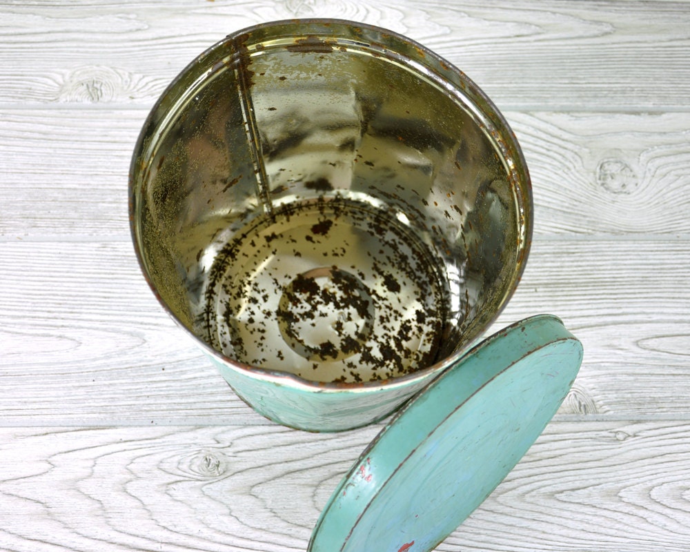 Vintage Storage Tin / Turquoise Tin Box / Industrial Storage