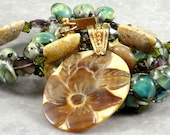 Mother of Pearl Pendant, Lampwork Beads, Fossilized Coral, Smoky Quartz, Swarovski Crystals, Gold Vermeil