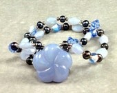 Blue Chalcedony, Floral Pendant, Peacock Pearls, Sterling Silver Beads, Gemstone Necklace
