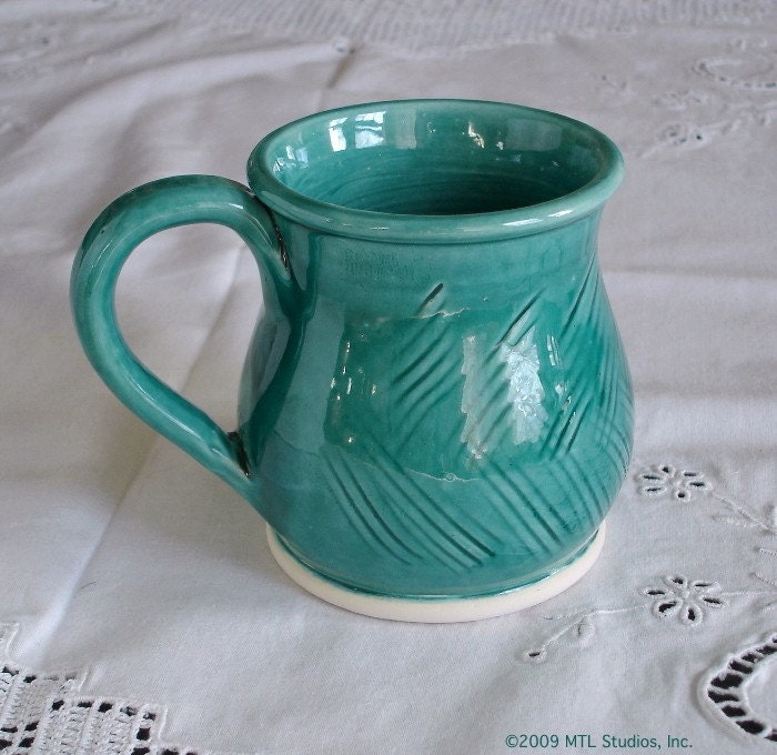 Ceramic Coffee Mug Persian Green cup Carved Handmade Rustic Spring Kitchen / Great at the Office IN STOCK