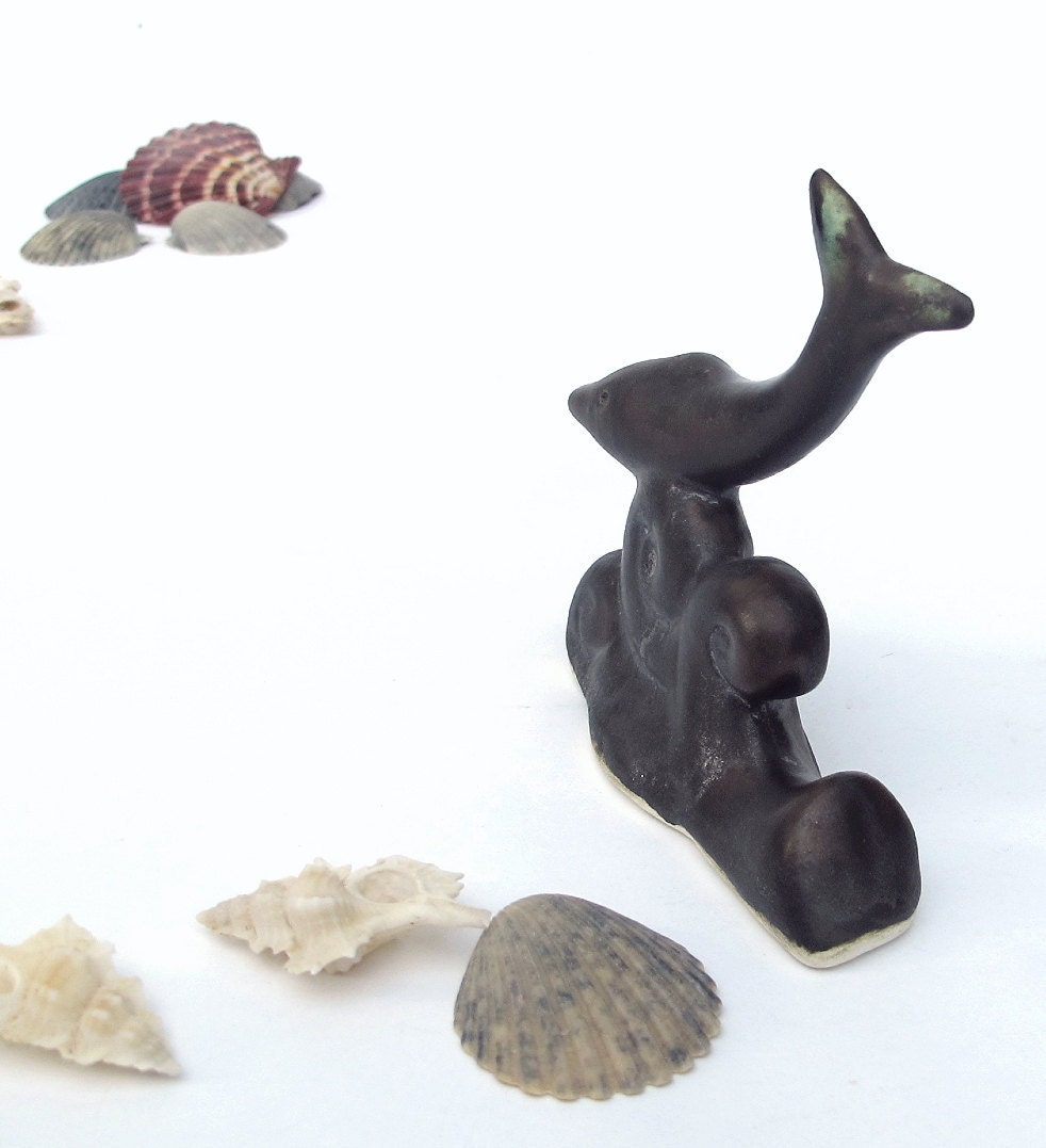 Ceramic Dolphin Sculpture riding a wave Modern Nautical Home Decor Black Matt Silver crystal glaze fish