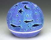 Handmade Ceramic Candle Holder, Star Moon Candileria, Blue Velvet Purple Glaze, Night Light  Fall Colors, Gift Nautical Dolphin Home Decor
