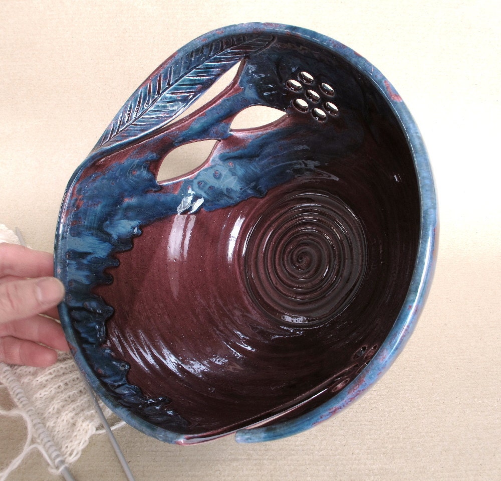 Pottery Yarn bowl Eggplant Purple Knitting Bowl LARGE Lavender Blush twisted leaf Home Decor DIY Handmade ceramics