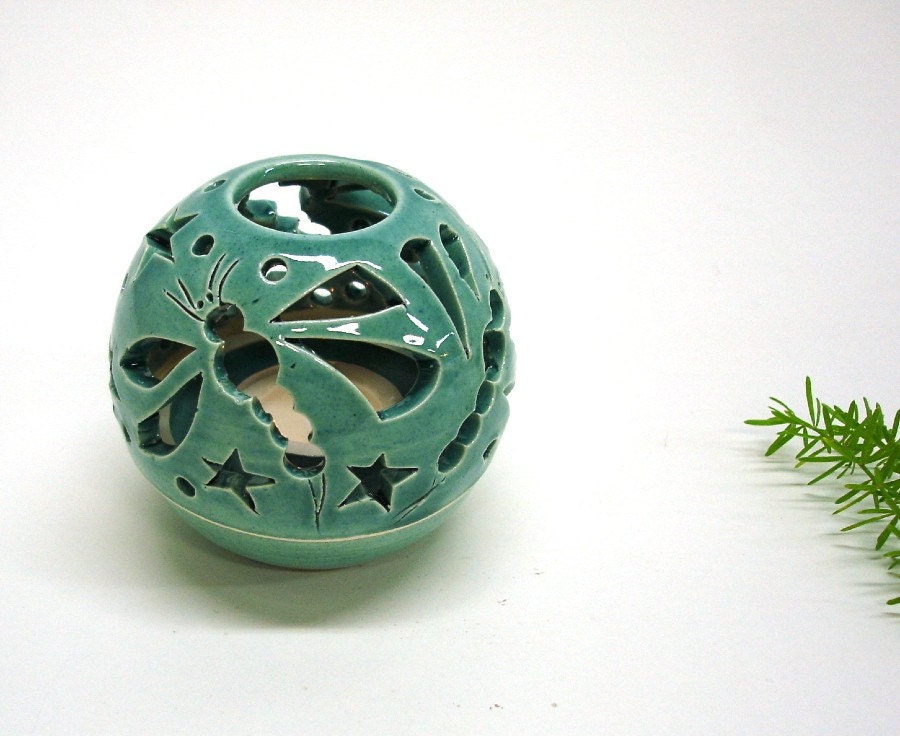 Dragonfly Candle holder, Autumn Decor Light Green Aqua Candilerias Luminary Handmade Ceramics Bridal shower Gift Wedding favor