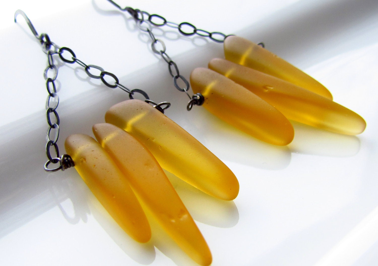 Amber Yellow Recycled Sea Glass Earrings, Geometric Golden Daggers, Oxidized Sterling Silver Wire Wrapped