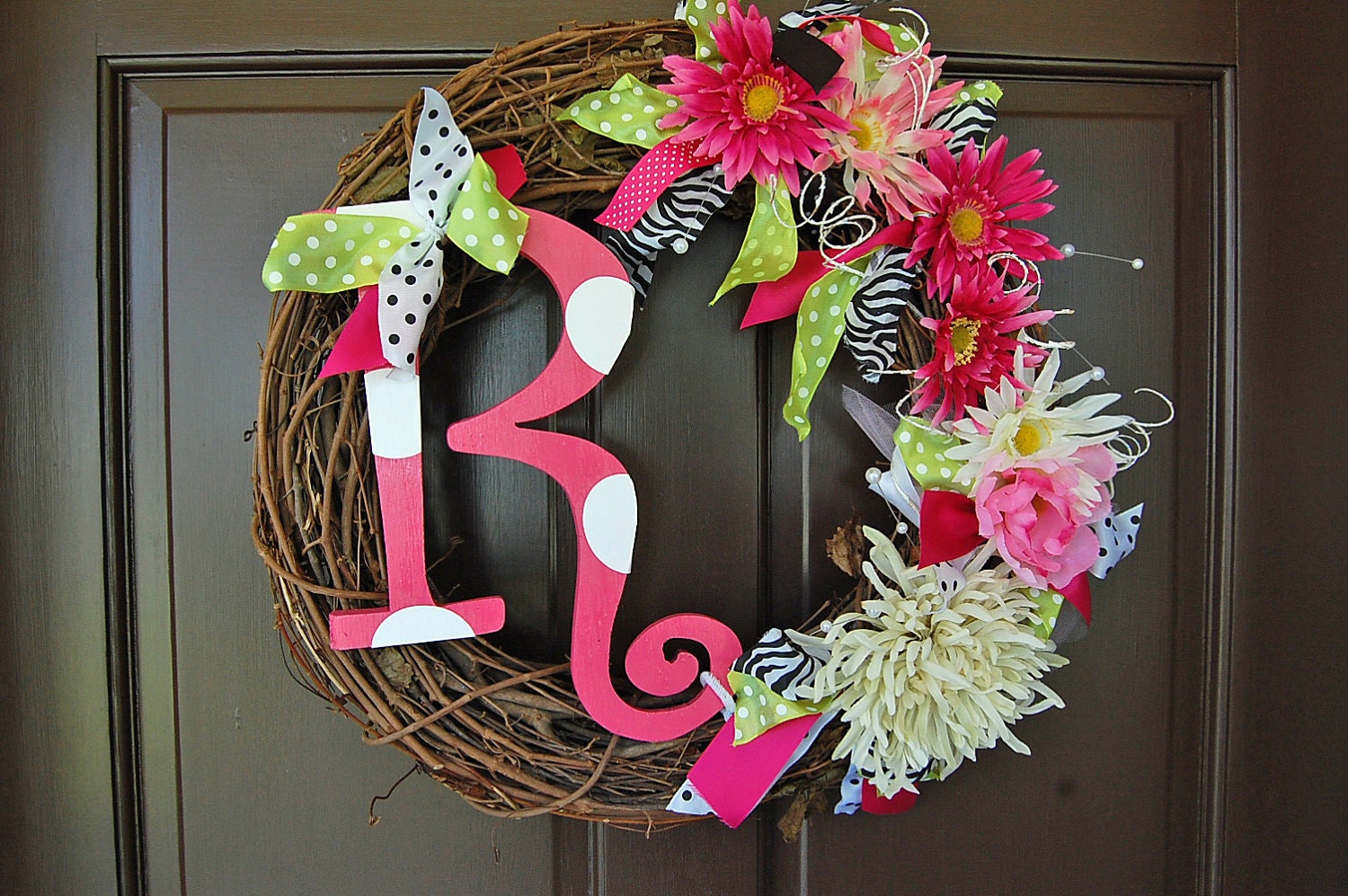 Totally Custom Initial Wreath with flowers ribbon wooden letter and vine wreath Great wedding gift
