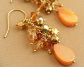 Apricot Earrings, Mother of Pearl Earrings, Gold Swarovski Earrings, Burnt Orange and Gold Earrings - Apricot Gold