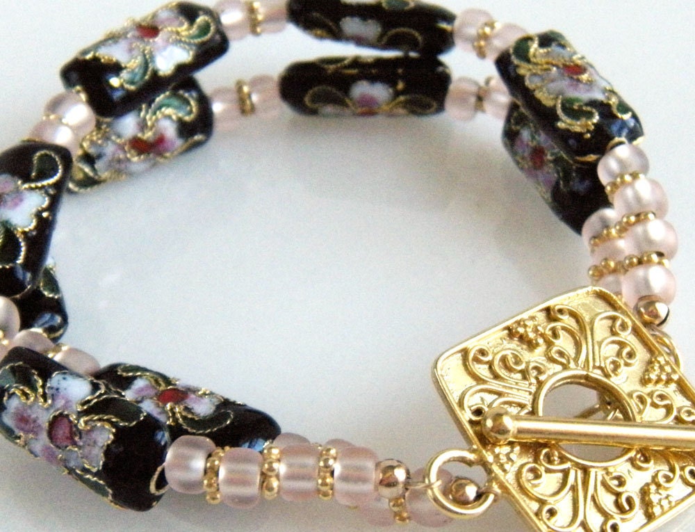 Cloisonne Bracelet, Black and Pink Floral - Somei Yoshino Cherry Blossom