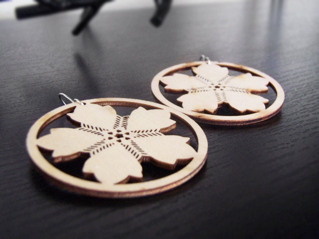Wood Hoop Earrings - Wood Earrings - Pinwheel - Flower - Natural Colored
