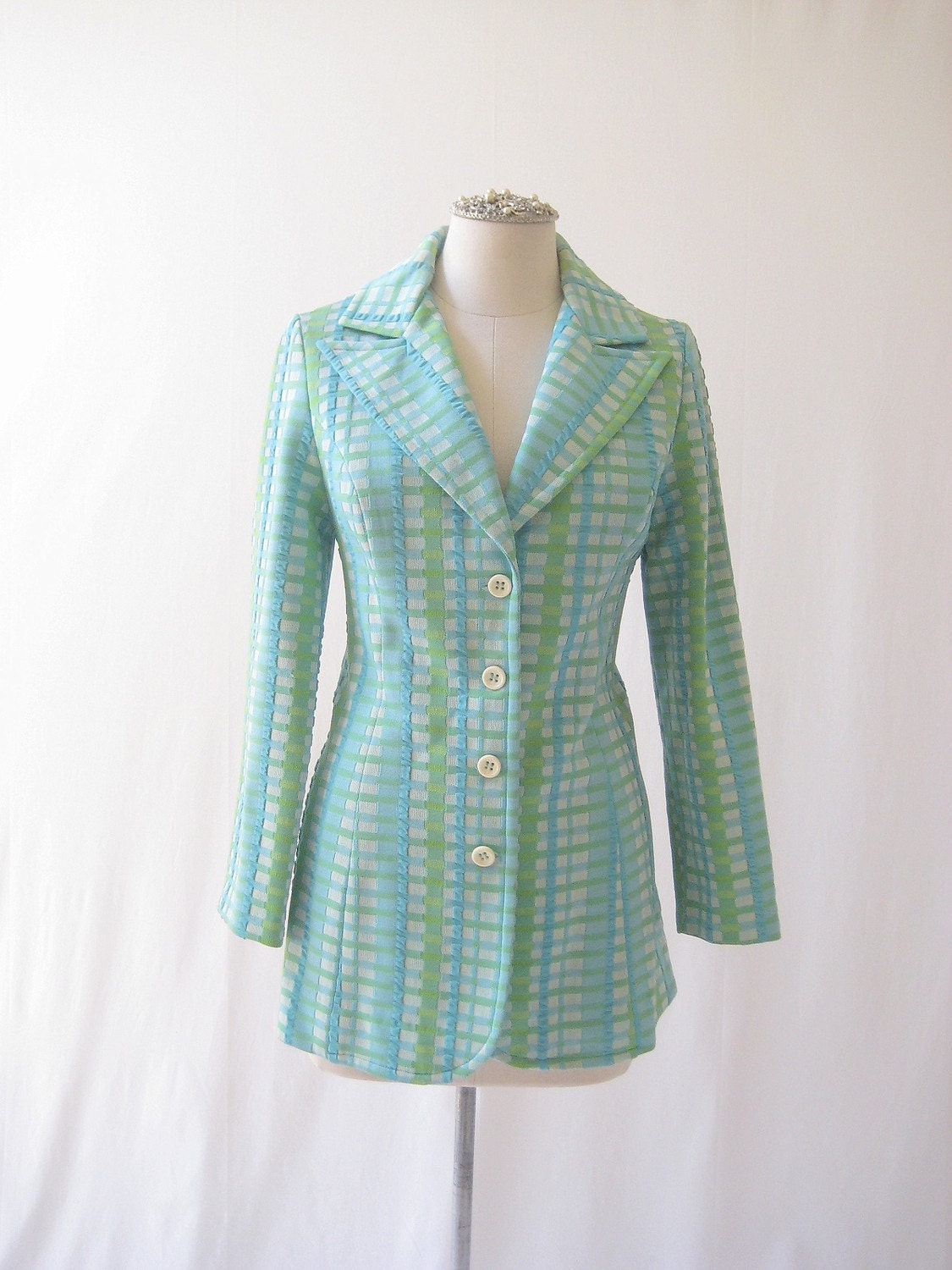 vintage 70's Twiggy aqua/chartreuse textured polyester jacket
