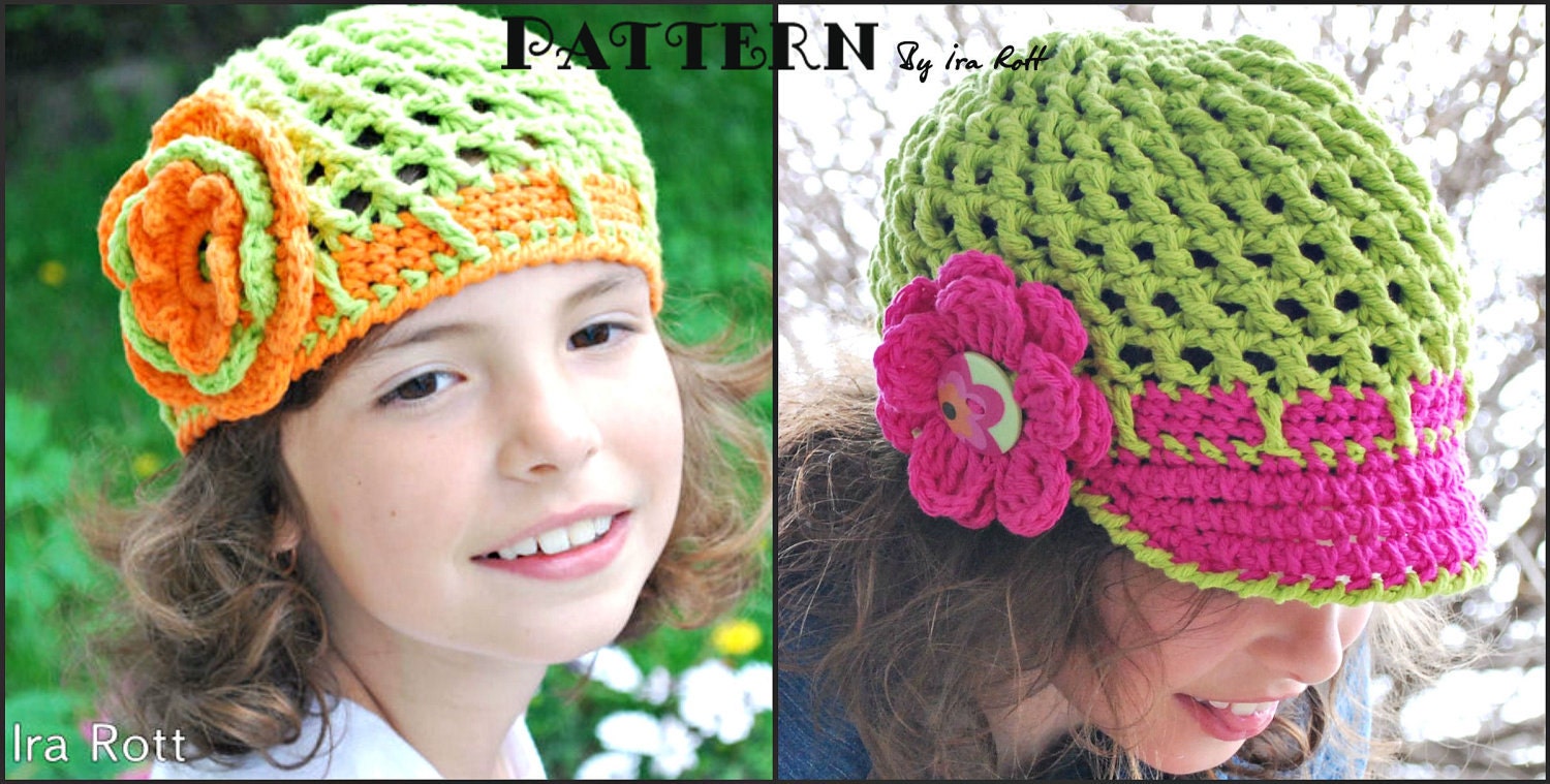 PATTERN - Beanie with Brim and Flower -  3 STYLES in one Pattern - Crochet PDF Pattern