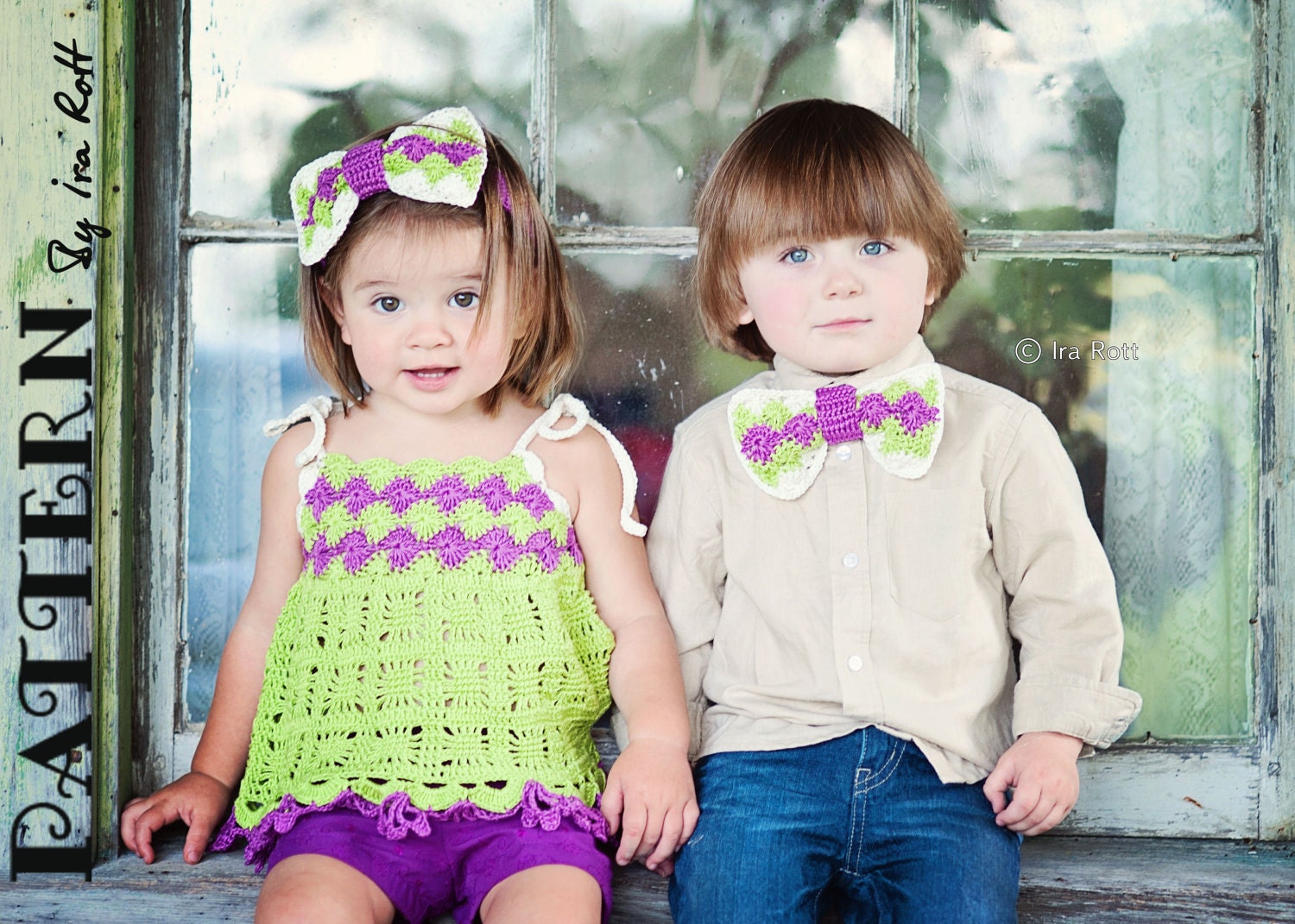 PATTERN - Summer Sun Top and Bow Headband for girl, with matching Bow Tie for boy - Crochet PDF Pattern