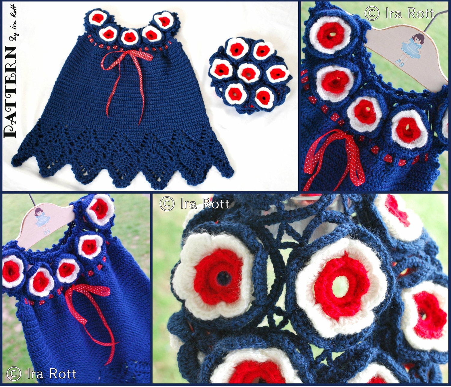 PATTERN - Patriotic Flower Summer Dress and Beret Set - Crochet PDF Pattern