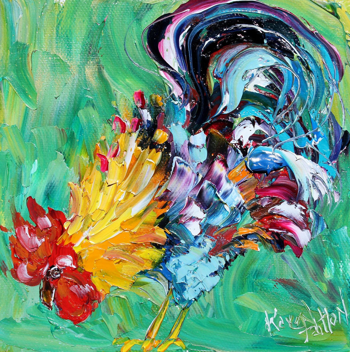 Original oil ROOSTER CHICKEN palette knife painting impasto impressionism fine art by Karen Tarlton