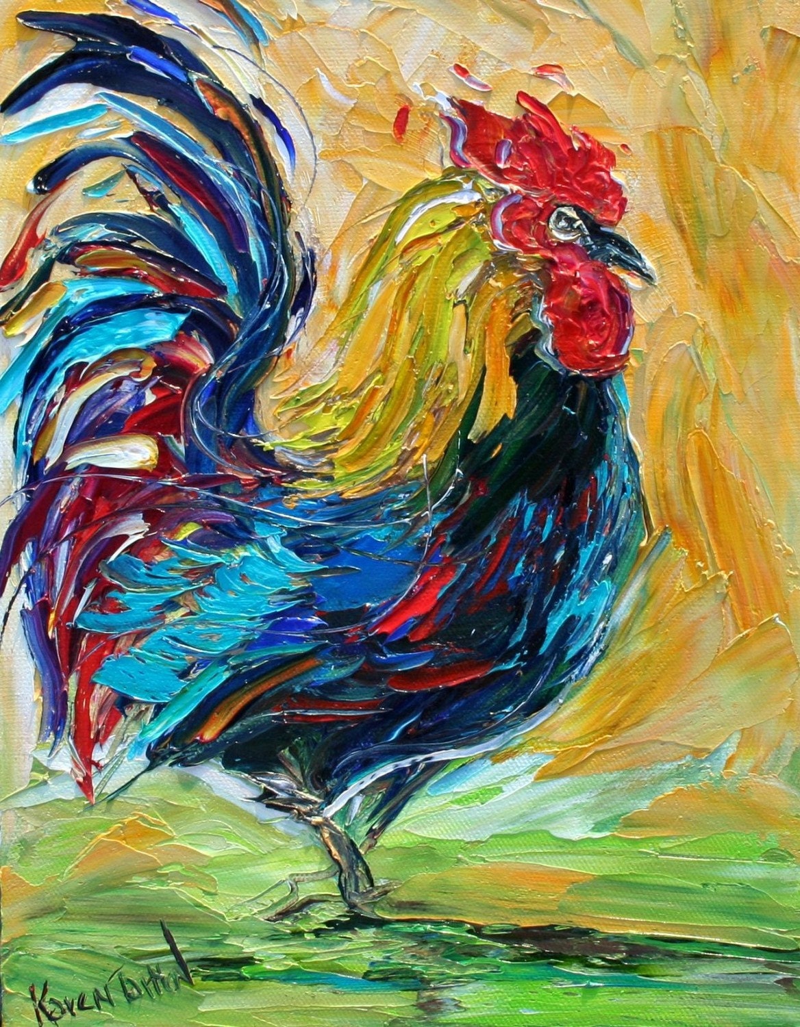 Fine Art Print 11x14 from oil painting by Karen Tarlton - Rooster modern impressionism palette knife whimsical