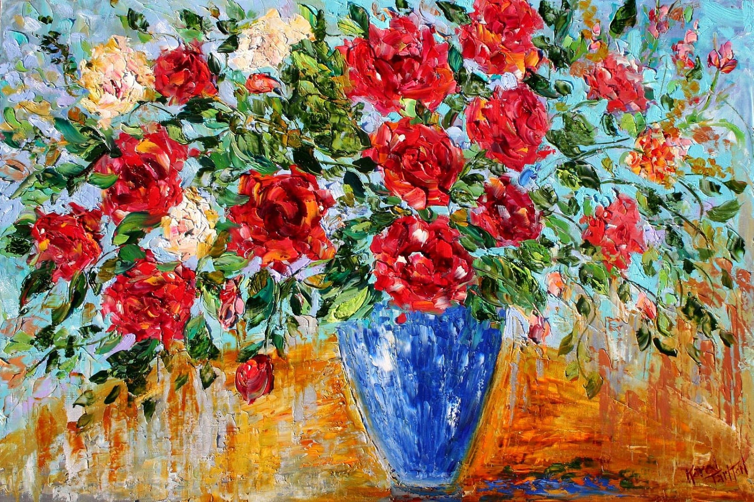 Original Flowers oil painting on Canvas Modern  Roses in a Vase abstract impressionism by Karen Tarlton