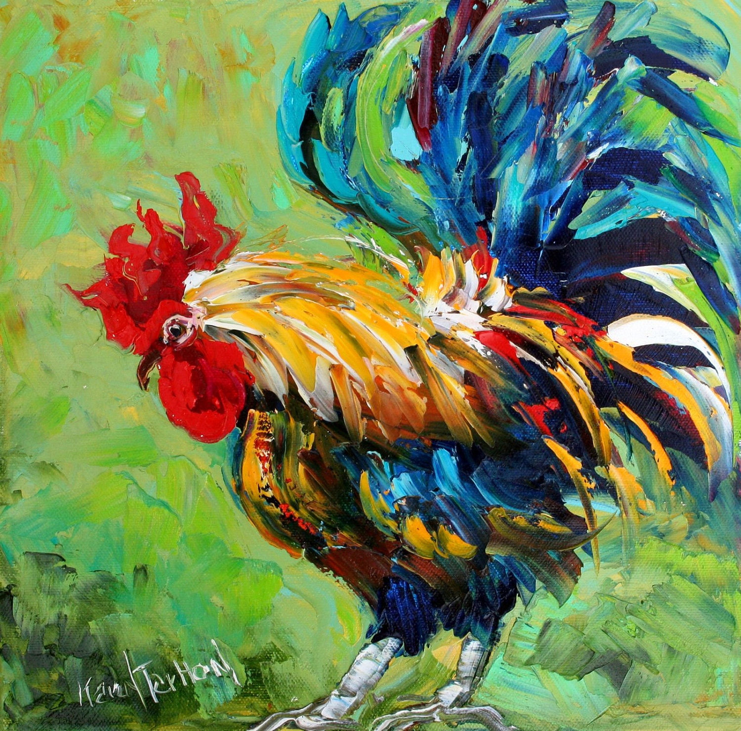 Original oil painting impasto ROOSTER palette knife fine art impressionism by Karen Tarlton