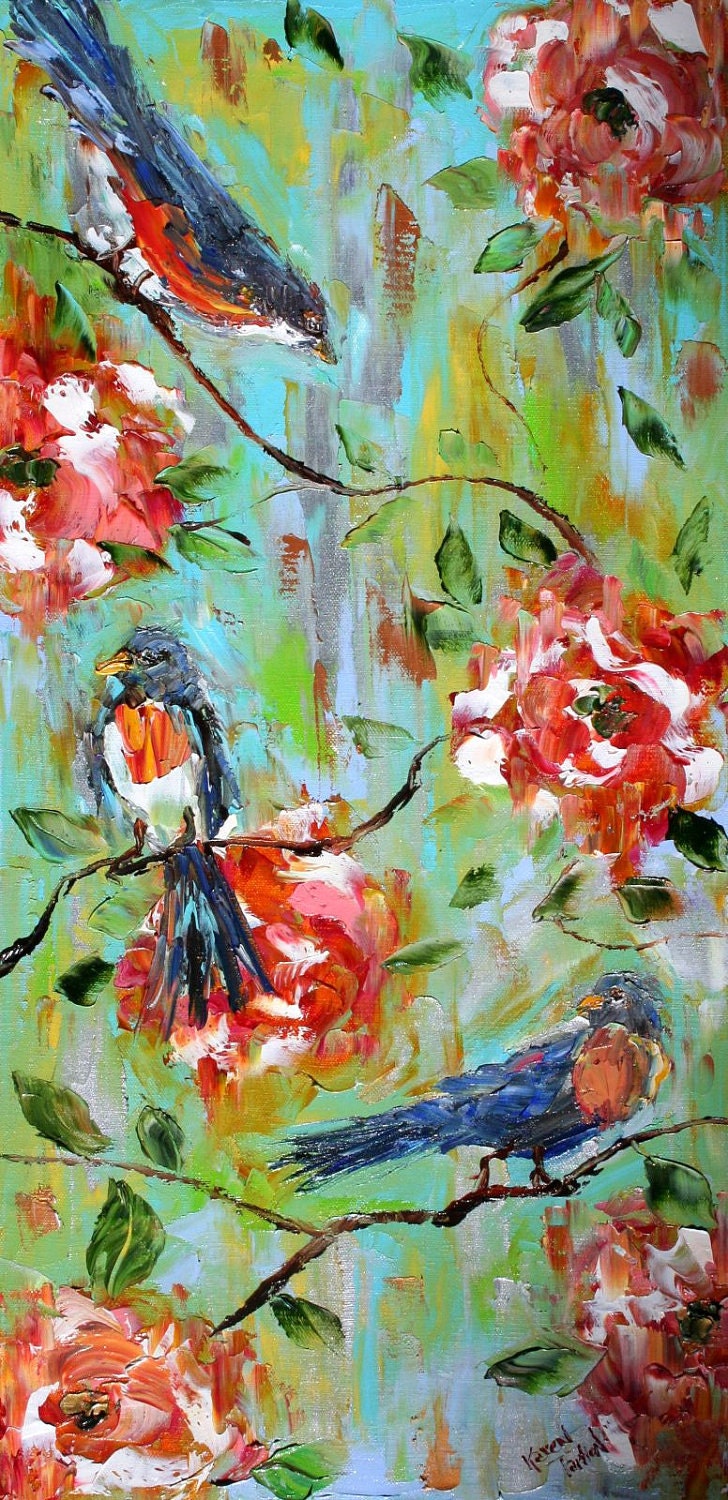 Original Oil Painting Spring Birds Flowers impressionism decorative modern palette knife fine art by Karen Tarlton