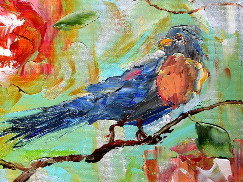 Original Oil Painting Spring Birds Flowers impressionism decorative modern palette knife fine art by Karen Tarlton