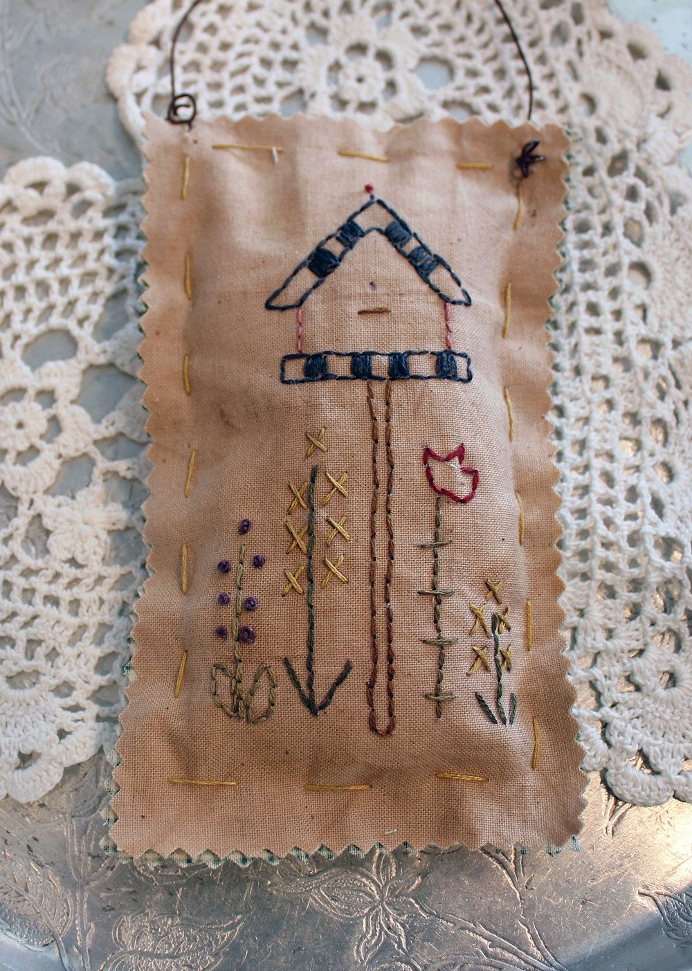 Primitive Spring Birdhouse Pillow Hanger Ornament Handmade