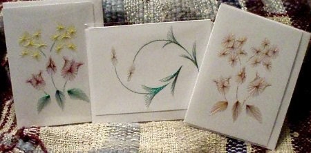 3 Card Set  .... Hand Embroidered Flowers