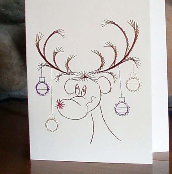 Christmas Reindeer Card - Hand Embroidered