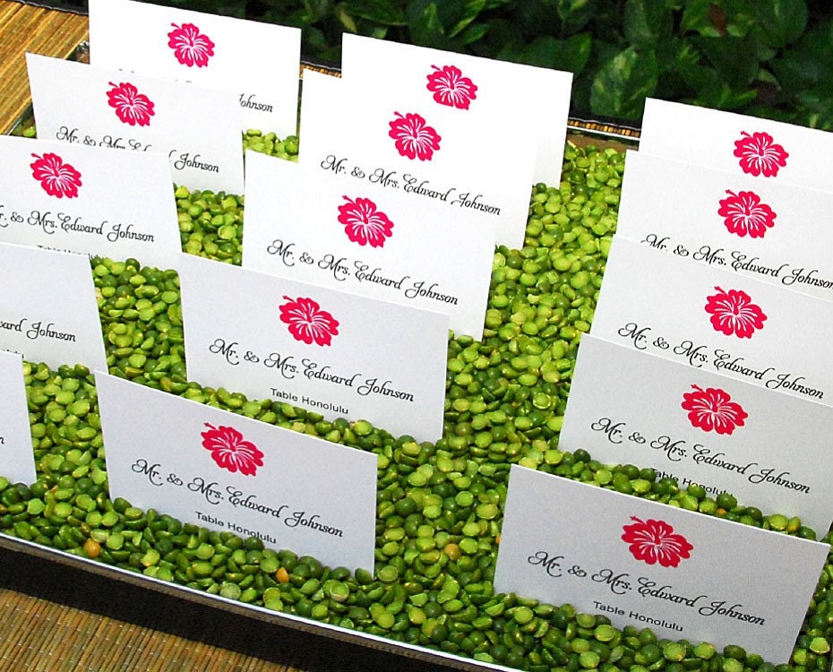 Wedding Seating Card, Wedding Escort Card, or Wedding Place Card - Luau with Pink Hibiscus (More Colors)