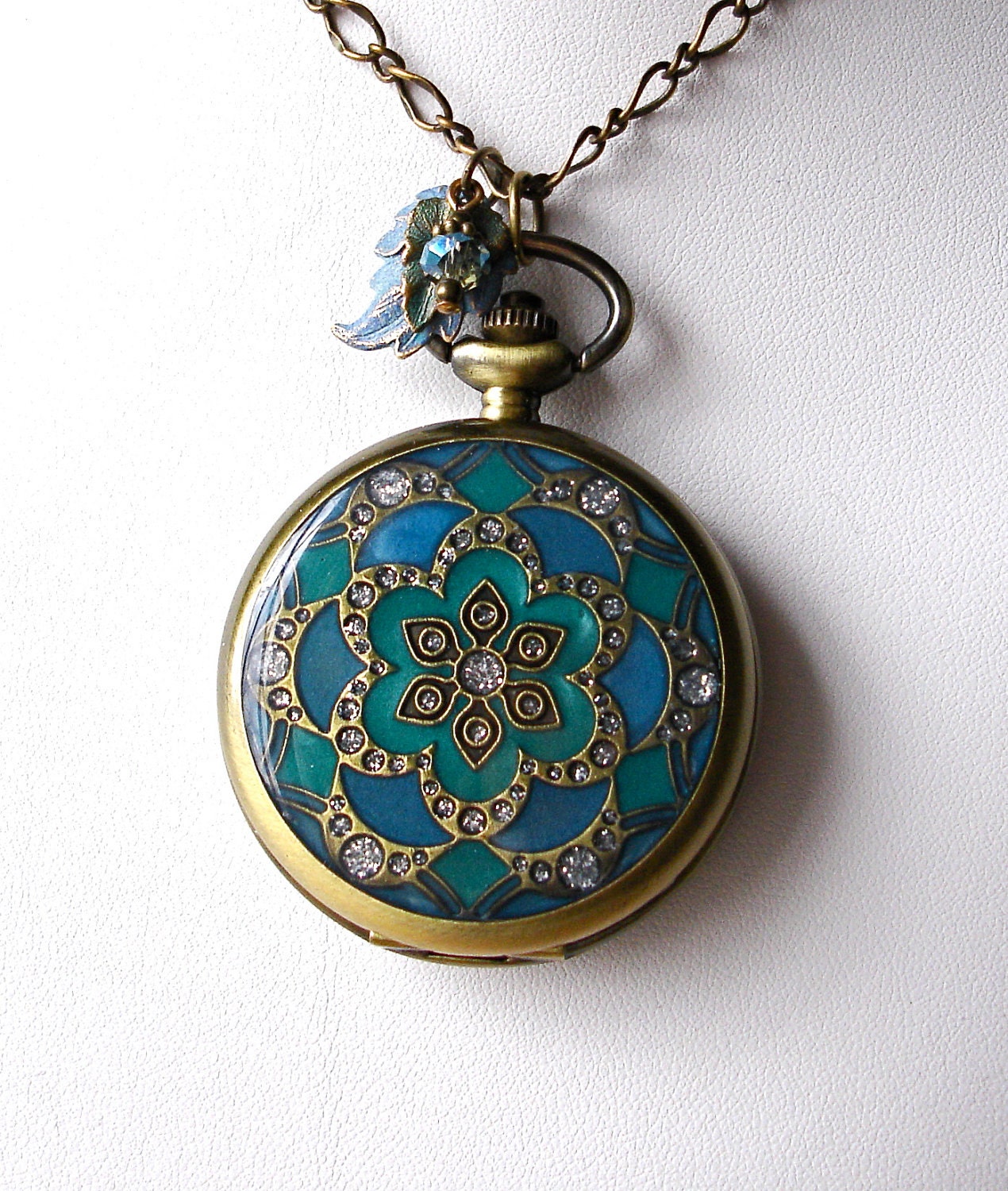Teal &  Emerald Mandala Pocket Watch Locket Pendant with Matching Earrings and Tool