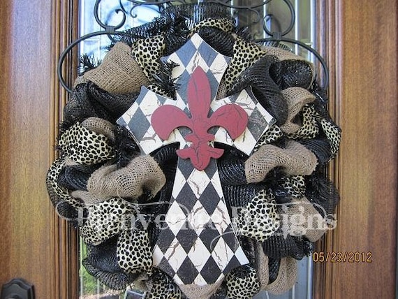 Diamond Fleur De Lis Cross Leopard Mesh Wreath