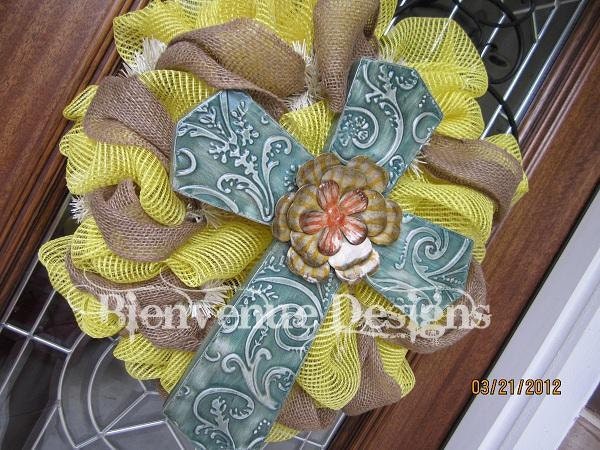 Yellow Tin Cross Mesh Wreath
