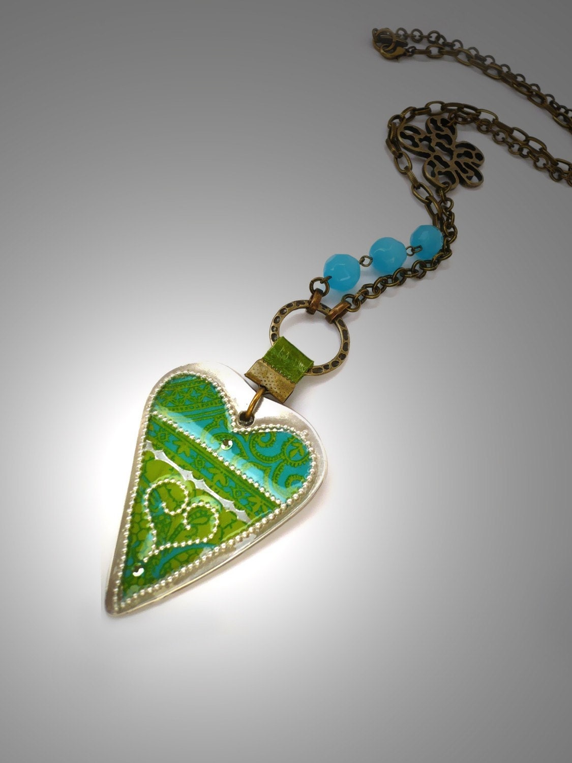 Green ethnic Heart Necklace with prints and silver beads