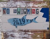 No Swimming - Shark Bite - Recycled Vintage License Plate Art - Salvaged Wood - Upcycled Artwork
