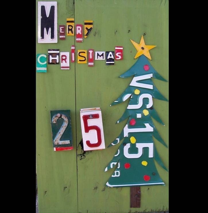 Funky Primitive Advent Calendar - Christmas - Recycled License Plate Art - Salvaged Wood - Upcycled Artwork