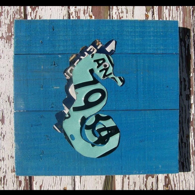 Palm Tree on the Beach - Recycled Vintage License Plate Art - Salvaged Wood - Upcycled Artwork