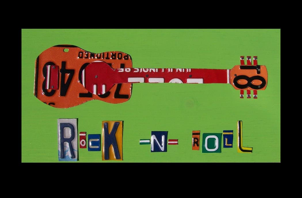 License Plate Art - Funky Music Guitar Rock and Roll On - Lime Green Orange Red Recycled Art Company - Salvaged Wood - Upcycled Artwork