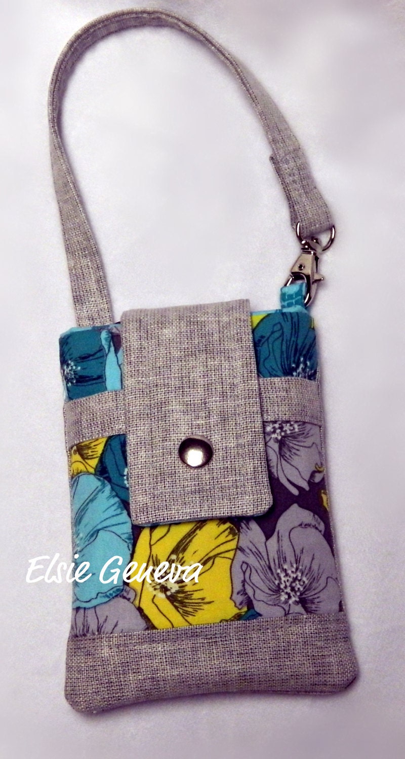 Gray Japanese Linen with Aqua, Teal, and Honey Gold Floral iPhone Case with Wristlet Ready to Ship