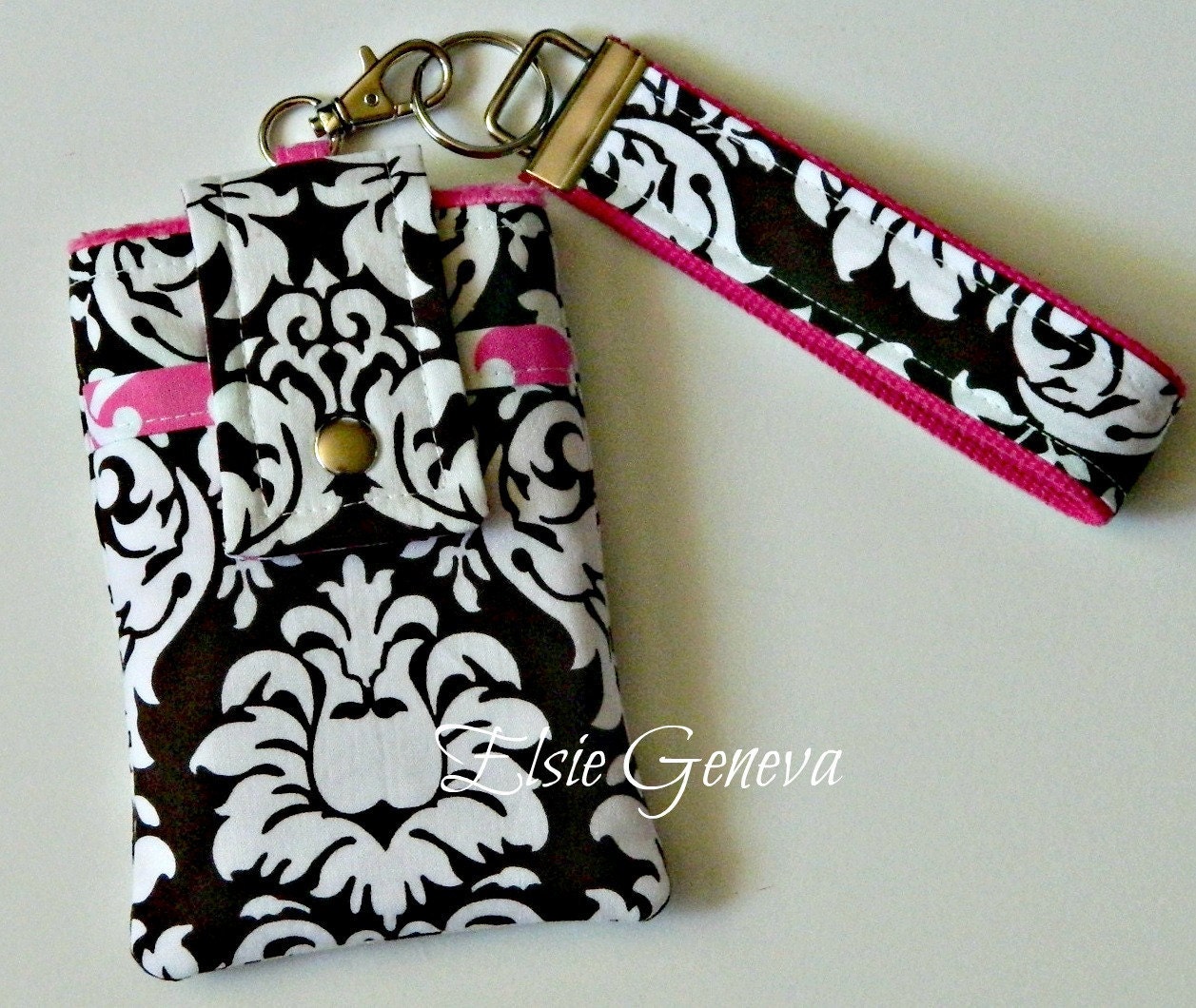 Brown and White Damask with Hot Pink Accents Phone Case with Wristlet Ready to Ship or Black & Whte Damask is Available