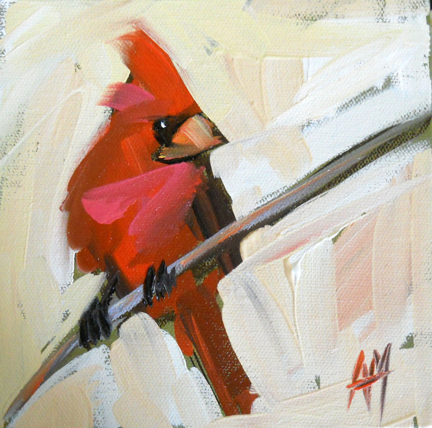 red cardinal on branch open-edition print by moulton 6 x 6 inch