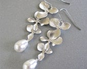 Bridal earrings cascading orchids pearl drop