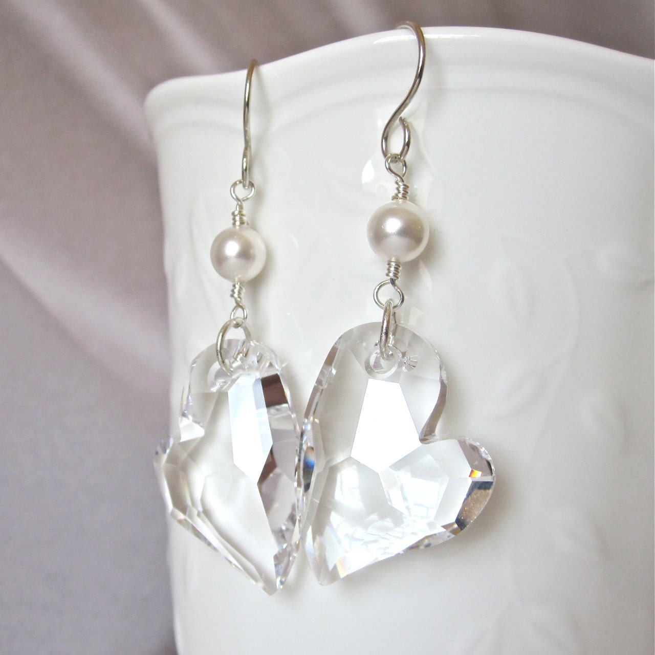 Bridal earrings Swarovski crystal Devoted 2 U Heart white pearl