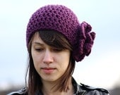 Crochet Women's Beanie Hat with Flower Purple Adult Crochet Flower Hat