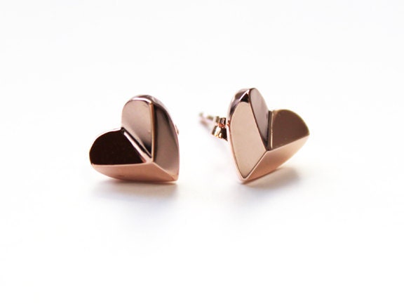 Heart Shaped Pyramid Stud Earrings 14K rose gold dipped