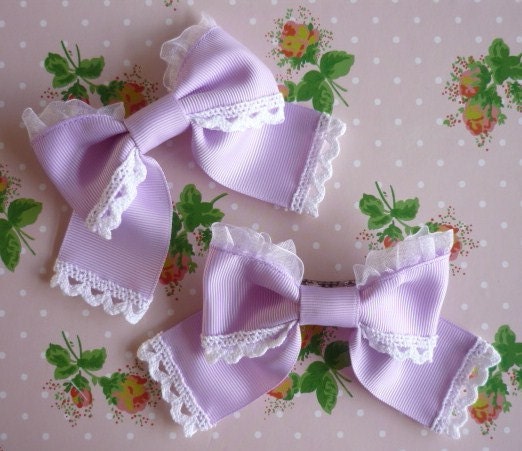 Jellyfish barrettes in lavender x white - Chiffon ruffle and lace ribbon bows