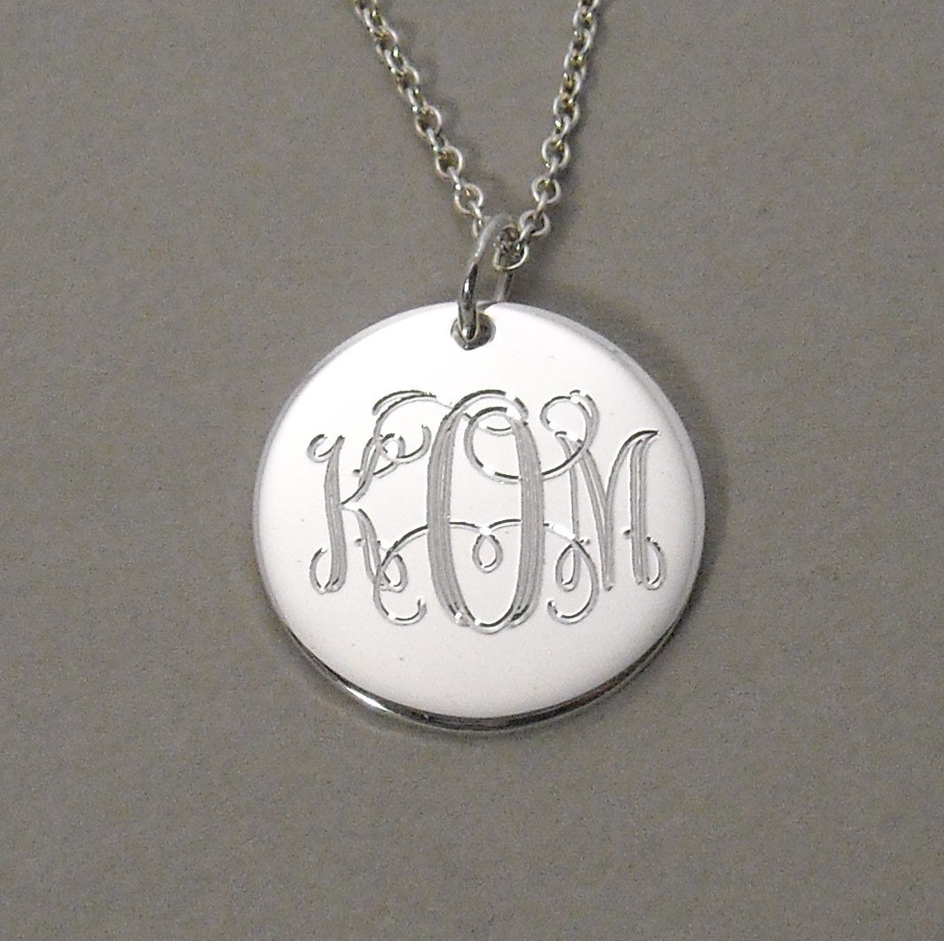 Monogram necklace pendant triple initial script sterling silver charm 5/8 inch round circle disc UTLIS
